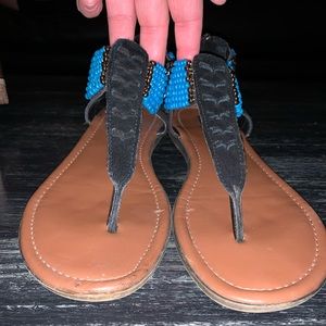 Beaded Blue and Bronze, black sandals
